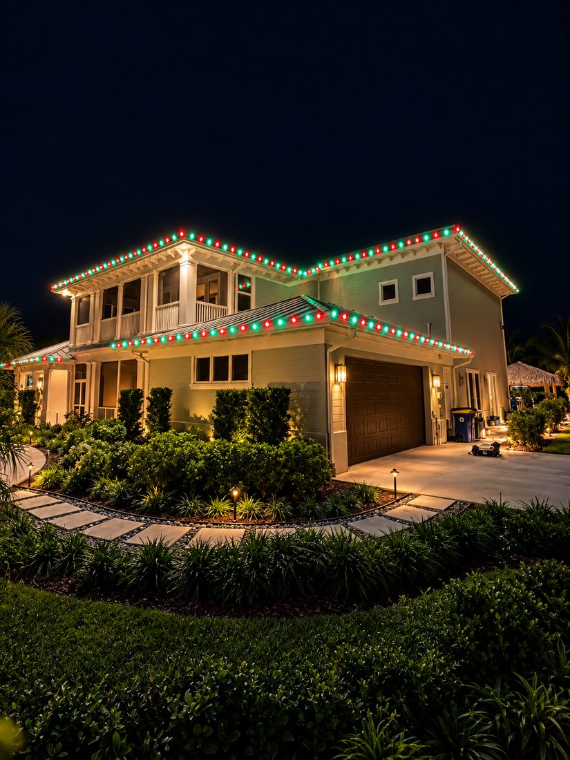 Red & green C9 roofline — holiday lighting design by Stache Lights