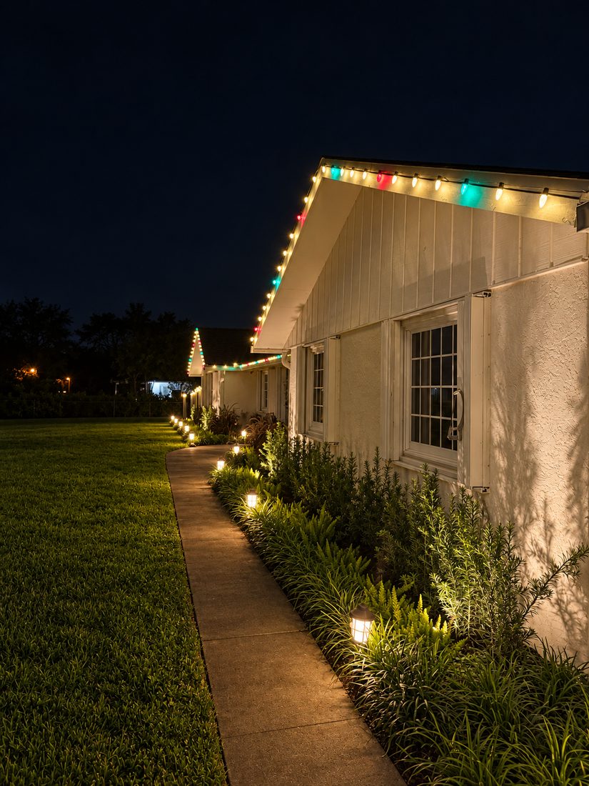 C9 roofline along the walkway — holiday lighting design by Stache Lights