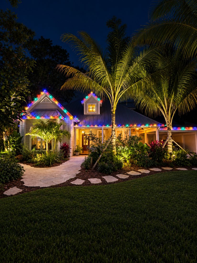 Multicolor roofline & palms — holiday lighting design by Stache Lights