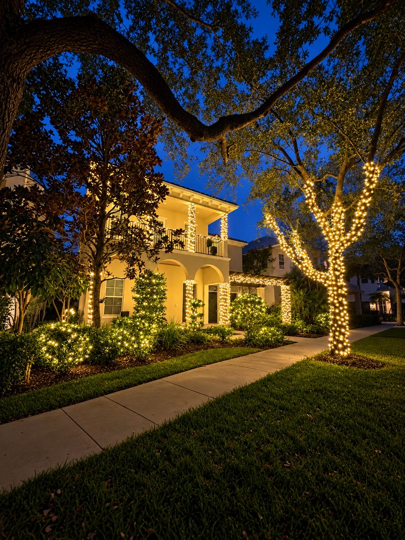 Oak, palm & shrub wraps — holiday lighting design by Stache Lights