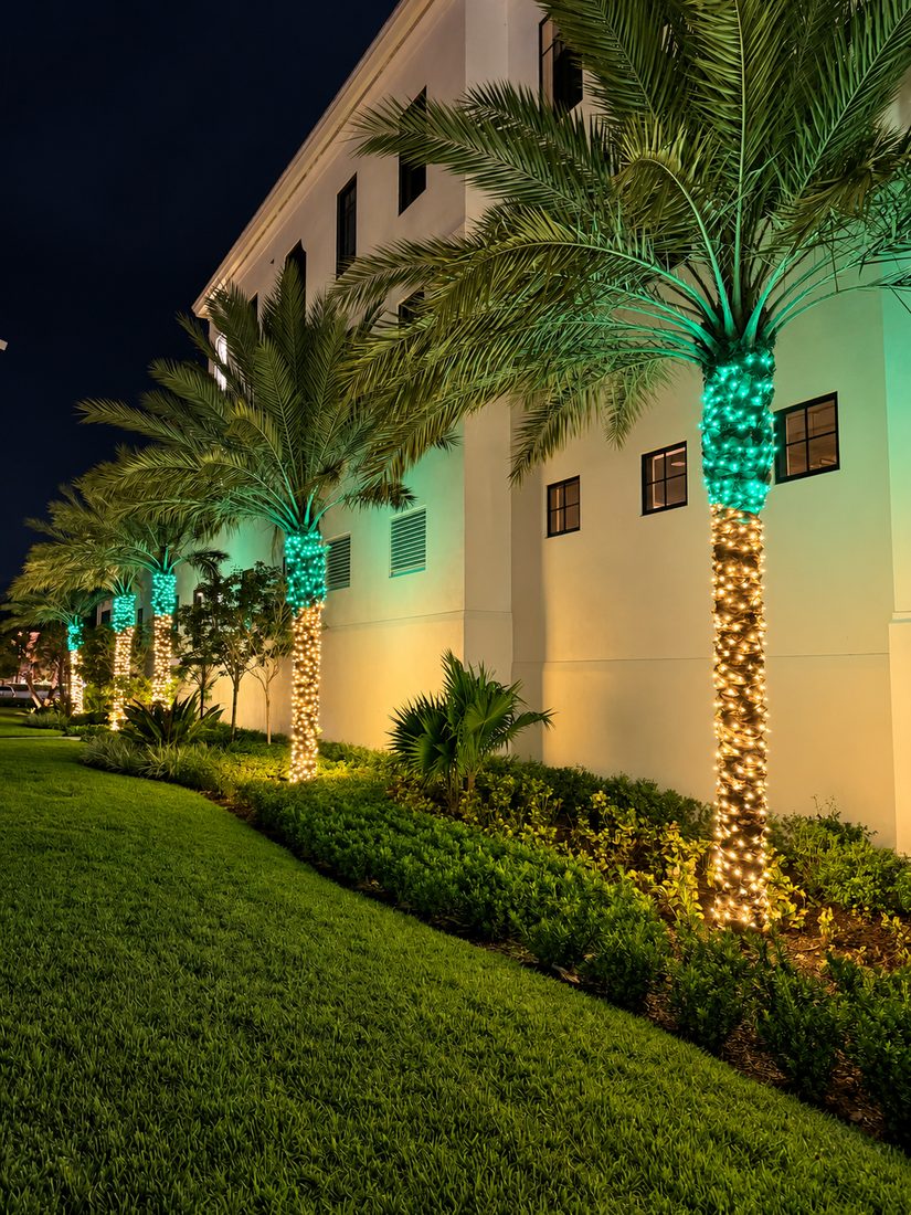Commercial palm wraps — holiday lighting design by Stache Lights