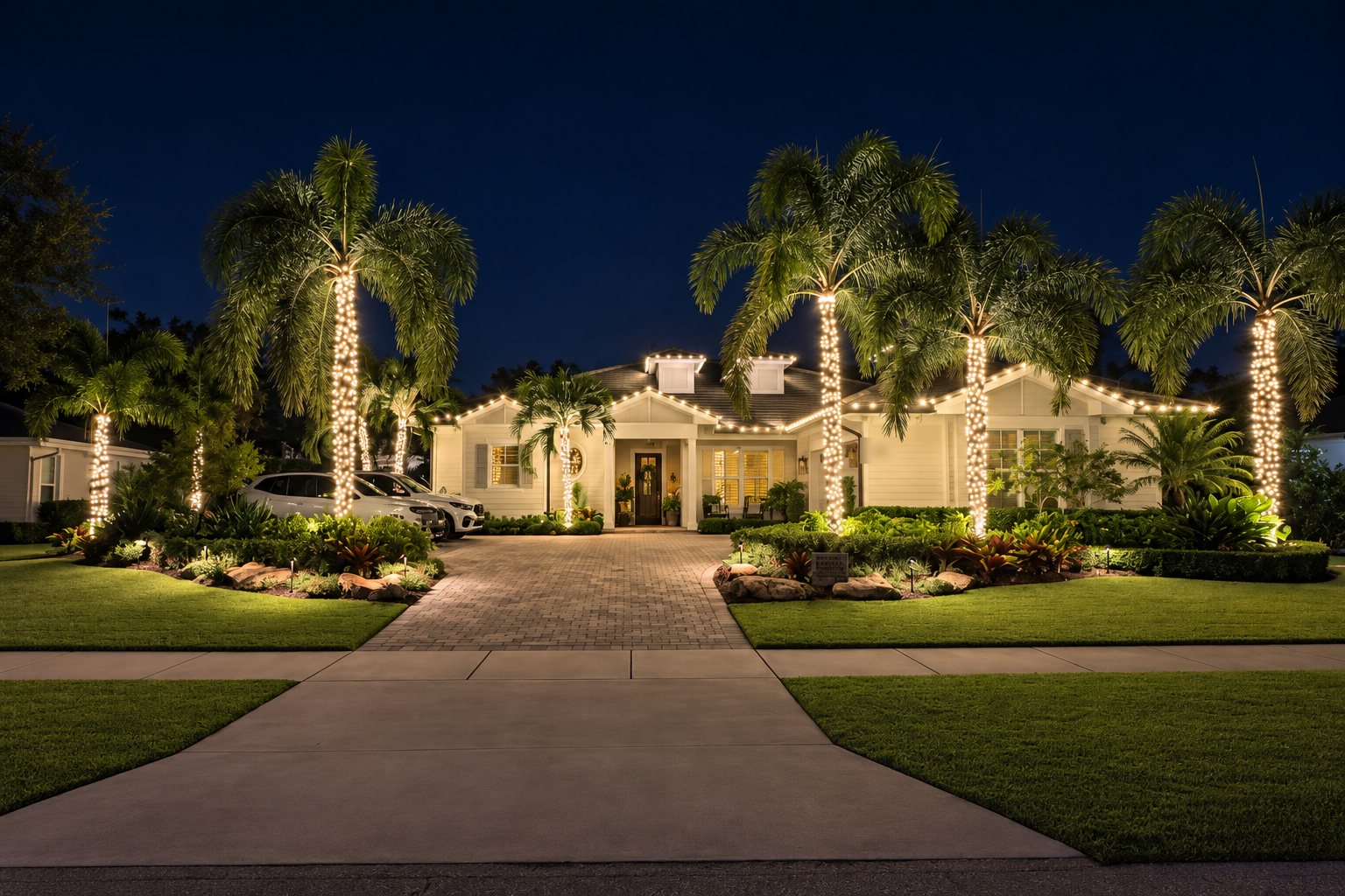 Palm wraps & warm white roofline — holiday lighting design by Stache Lights