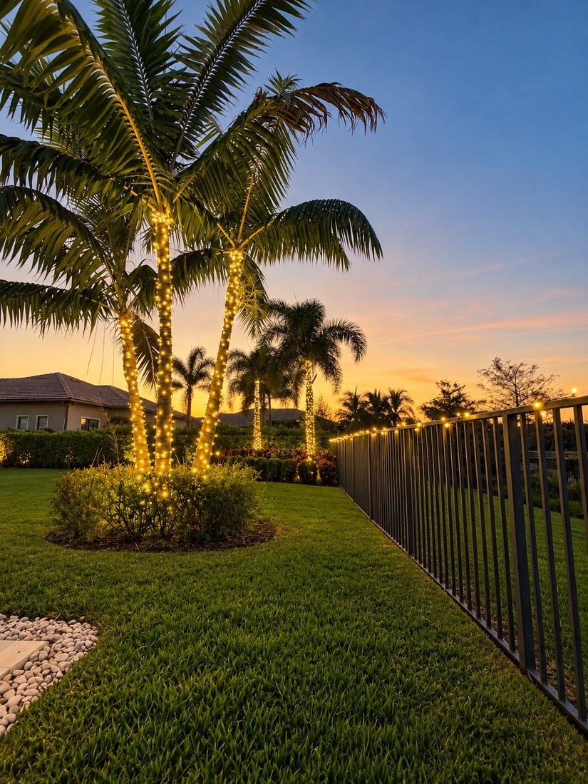 Wrapped palms & fence line — holiday lighting design by Stache Lights