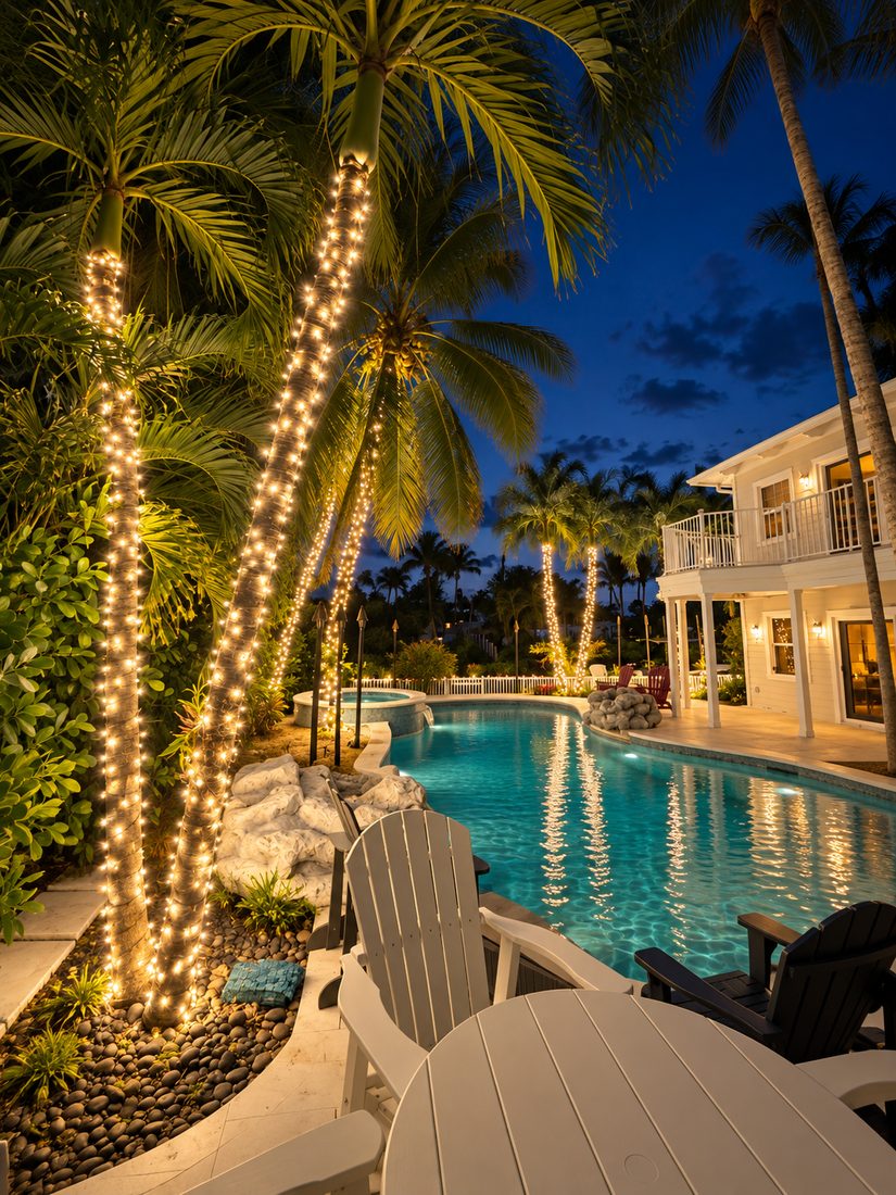 Poolside palm wraps — holiday lighting design by Stache Lights