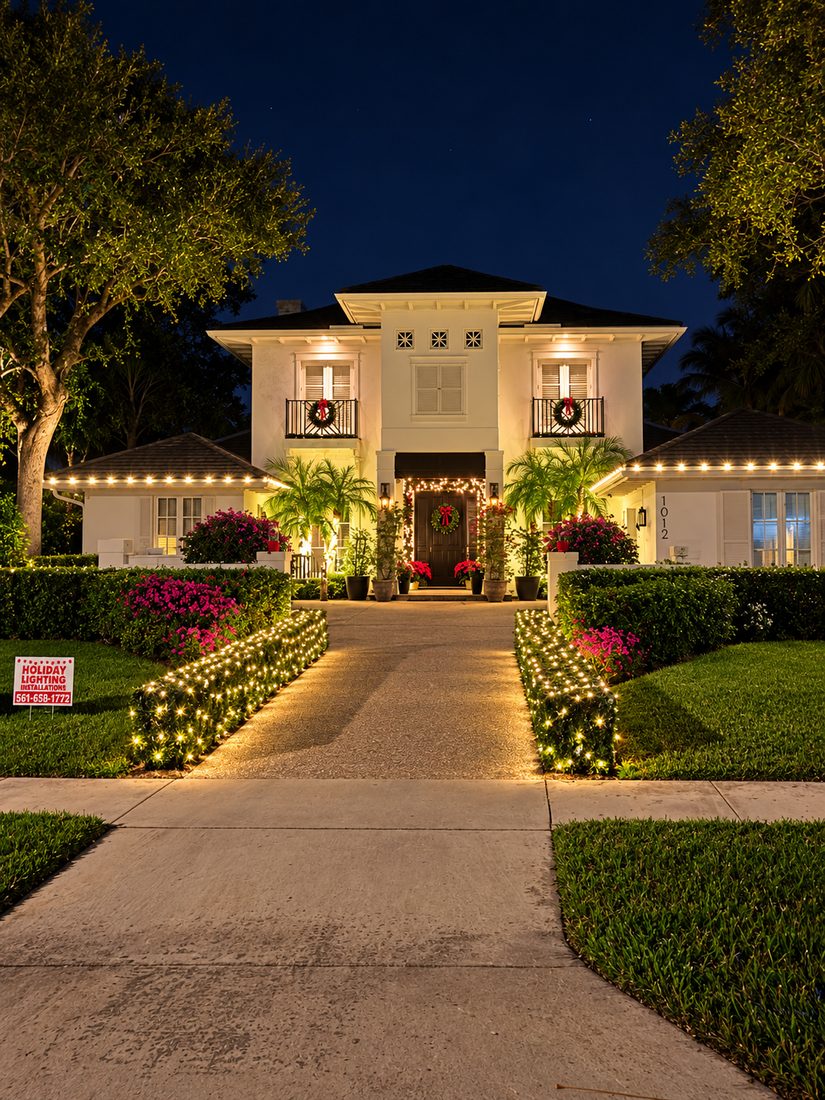 Roofline, wreaths & lit hedges — holiday lighting design by Stache Lights