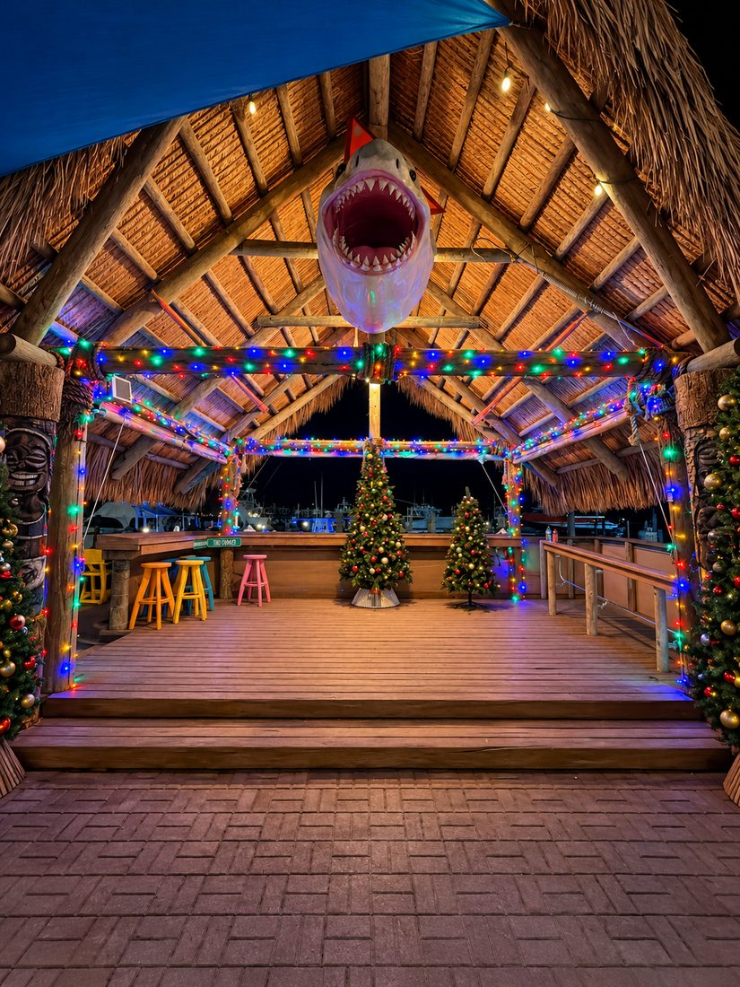 Tiki bar stage — holiday lighting design by Stache Lights